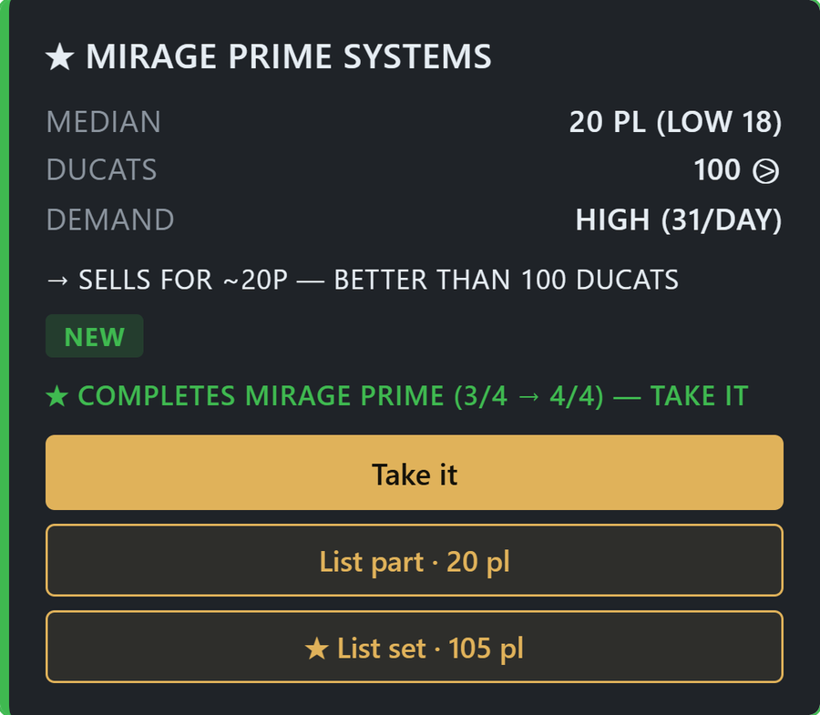 The reward card: price and ducats on the pick screen.